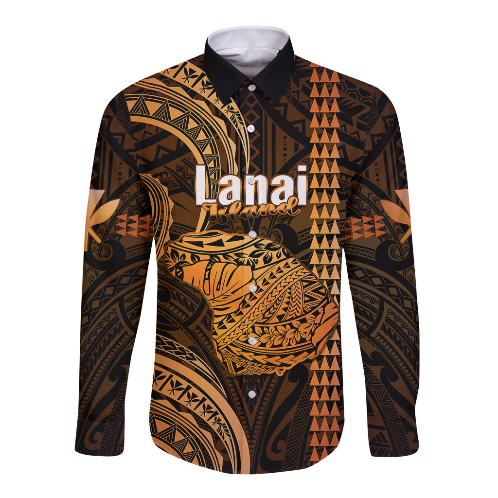 Personalised Hawaiian Islands Long Sleeve Button Shirt Lani Map Gold Kanaka With Kakau LT14 Unisex Gold - Polynesian Pride