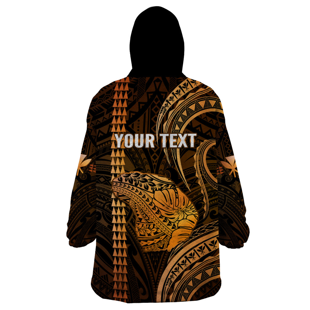 Personalised Hawaiian Islands Wearable Blanket Hoodie Lani Map Gold Kanaka With Kakau LT14 - Polynesian Pride
