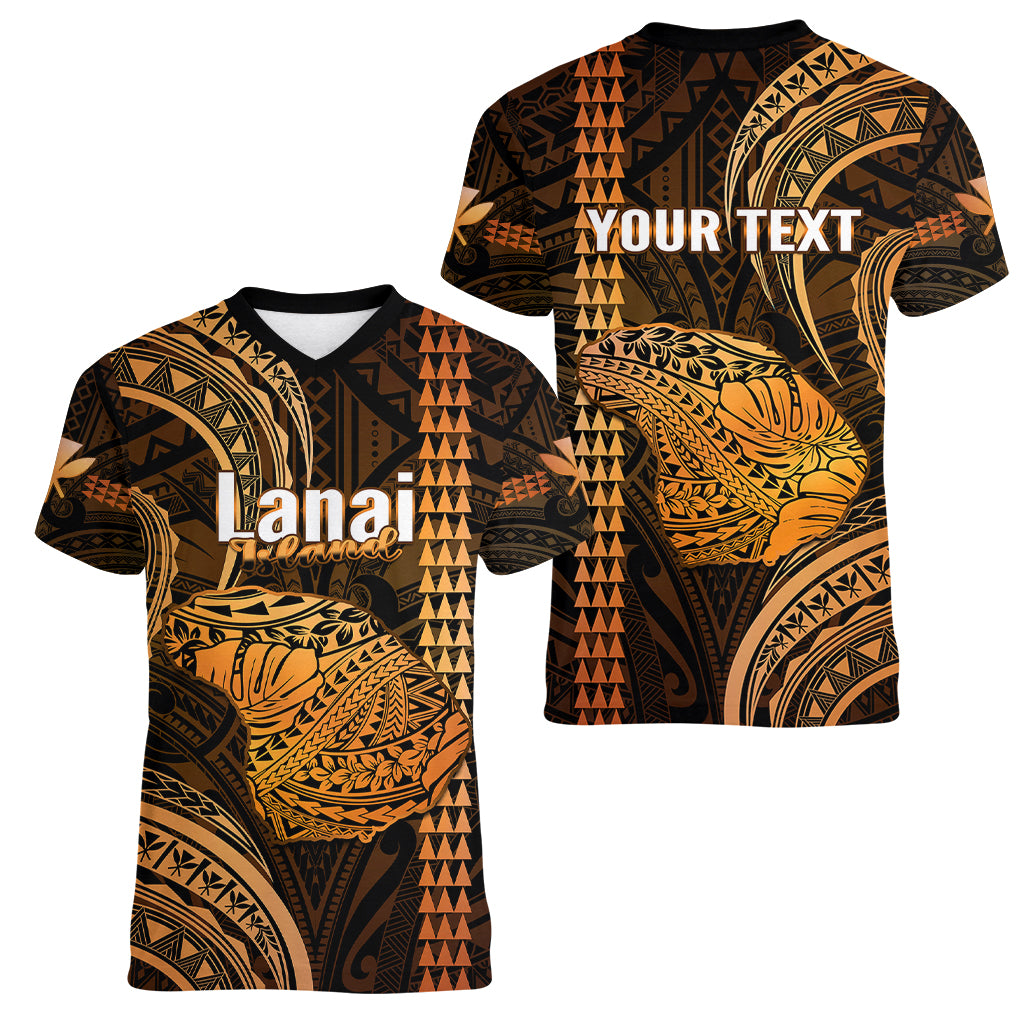 Personalised Hawaiian Islands Women V Neck T Shirt Lani Map Gold Kanaka With Kakau LT14 - Polynesian Pride