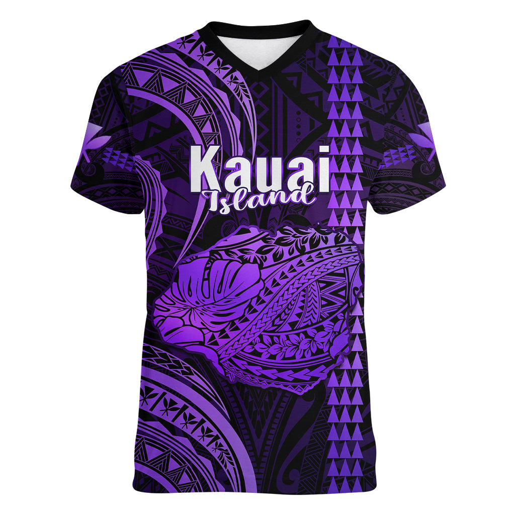 Polynesian Pride Hawaiian Islands Women V Neck T Shirt Kauai Map Purple Kanaka With Kakau LT14 Female Purple - Polynesian Pride
