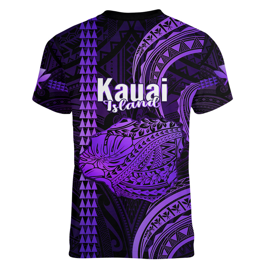 Polynesian Pride Hawaiian Islands Women V Neck T Shirt Kauai Map Purple Kanaka With Kakau LT14 - Polynesian Pride