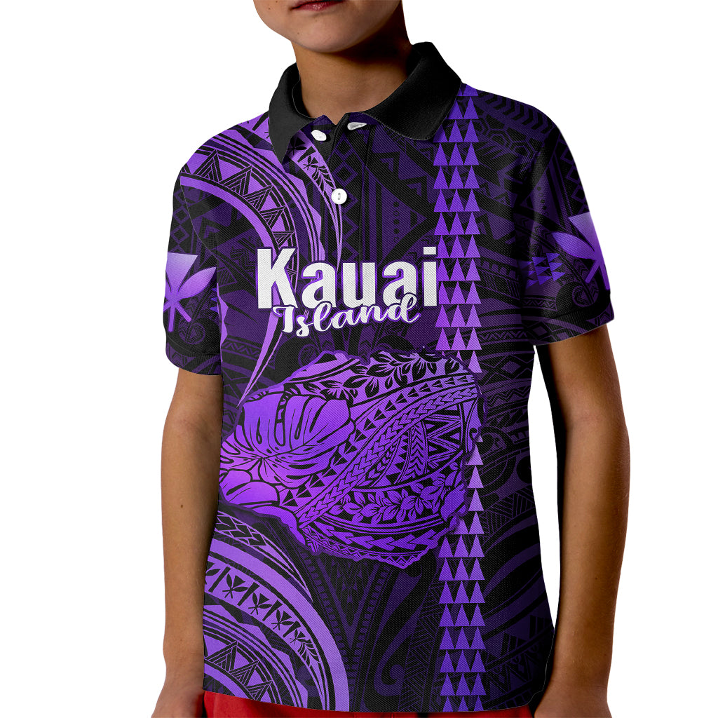 Personalised Hawaiian Islands Kid Polo Shirt Kauai Map Purple Kanaka With Kakau LT14 Kid Purple - Polynesian Pride