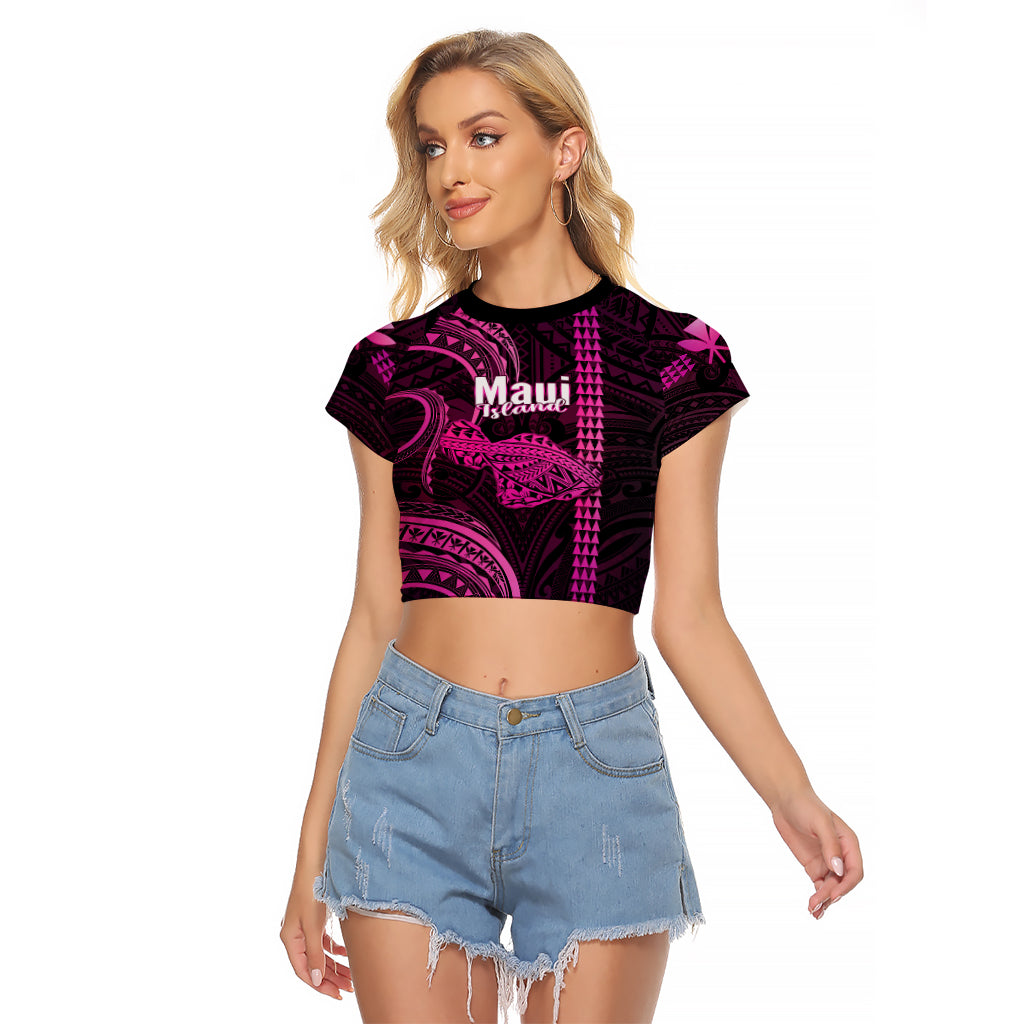 Polynesian Pride Hawaiian Islands Raglan Cropped T Shirt Maui Map Pink Kanaka With Kakau LT14 Female Pink - Polynesian Pride