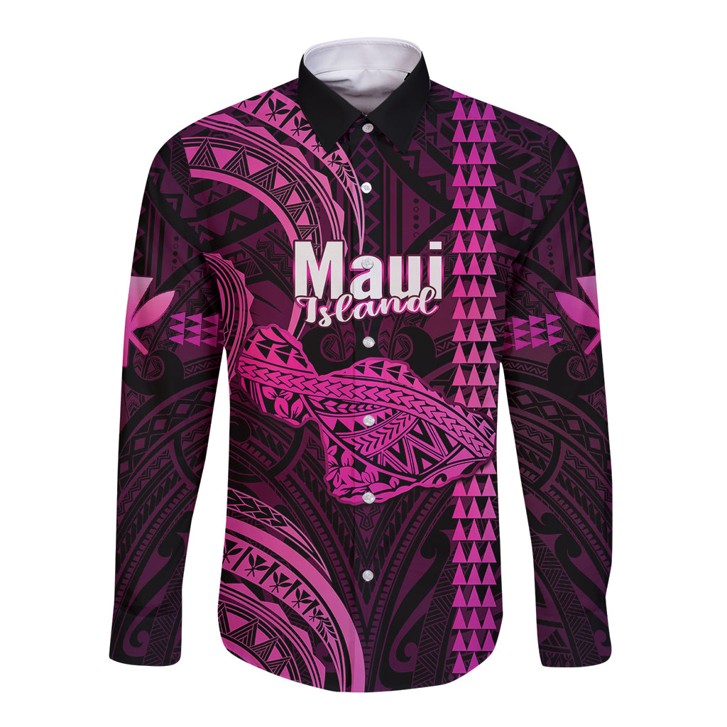 Personalised Hawaiian Islands Long Sleeve Button Shirt Maui Map Pink Kanaka With Kakau LT14 Unisex Pink - Polynesian Pride