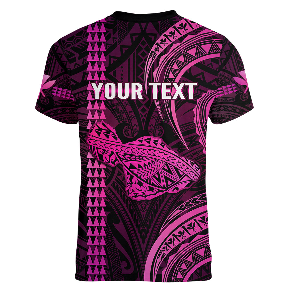 Personalised Hawaiian Islands Women V Neck T Shirt Maui Map Pink Kanaka With Kakau LT14 - Polynesian Pride