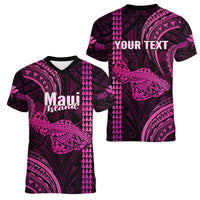 Personalised Hawaiian Islands Women V Neck T Shirt Maui Map Pink Kanaka With Kakau LT14 - Polynesian Pride