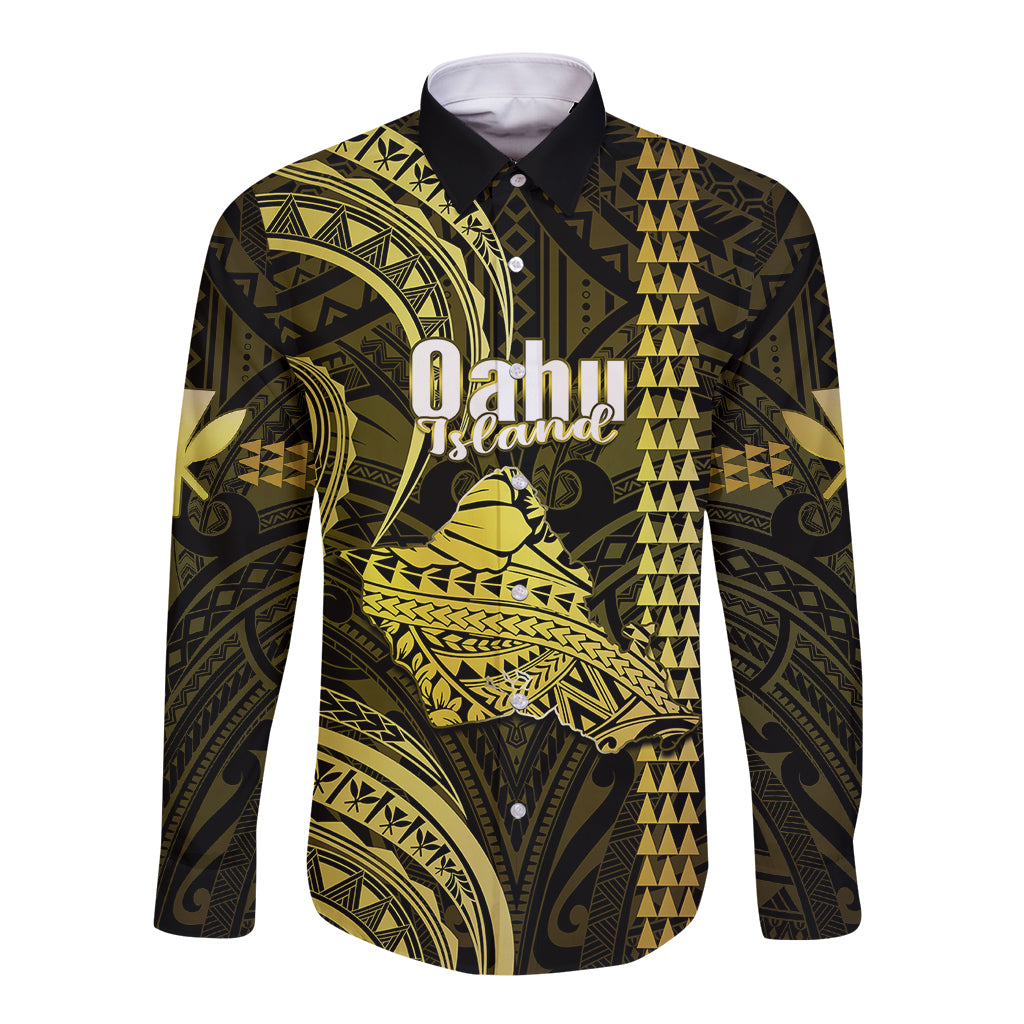 Polynesian Pride Hawaiian Islands Long Sleeve Button Shirt Oahu Map Yellow Kanaka With Kakau LT14 Unisex Yellow - Polynesian Pride