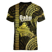 Polynesian Pride Hawaiian Islands Women V Neck T Shirt Oahu Map Yellow Kanaka With Kakau LT14 - Polynesian Pride