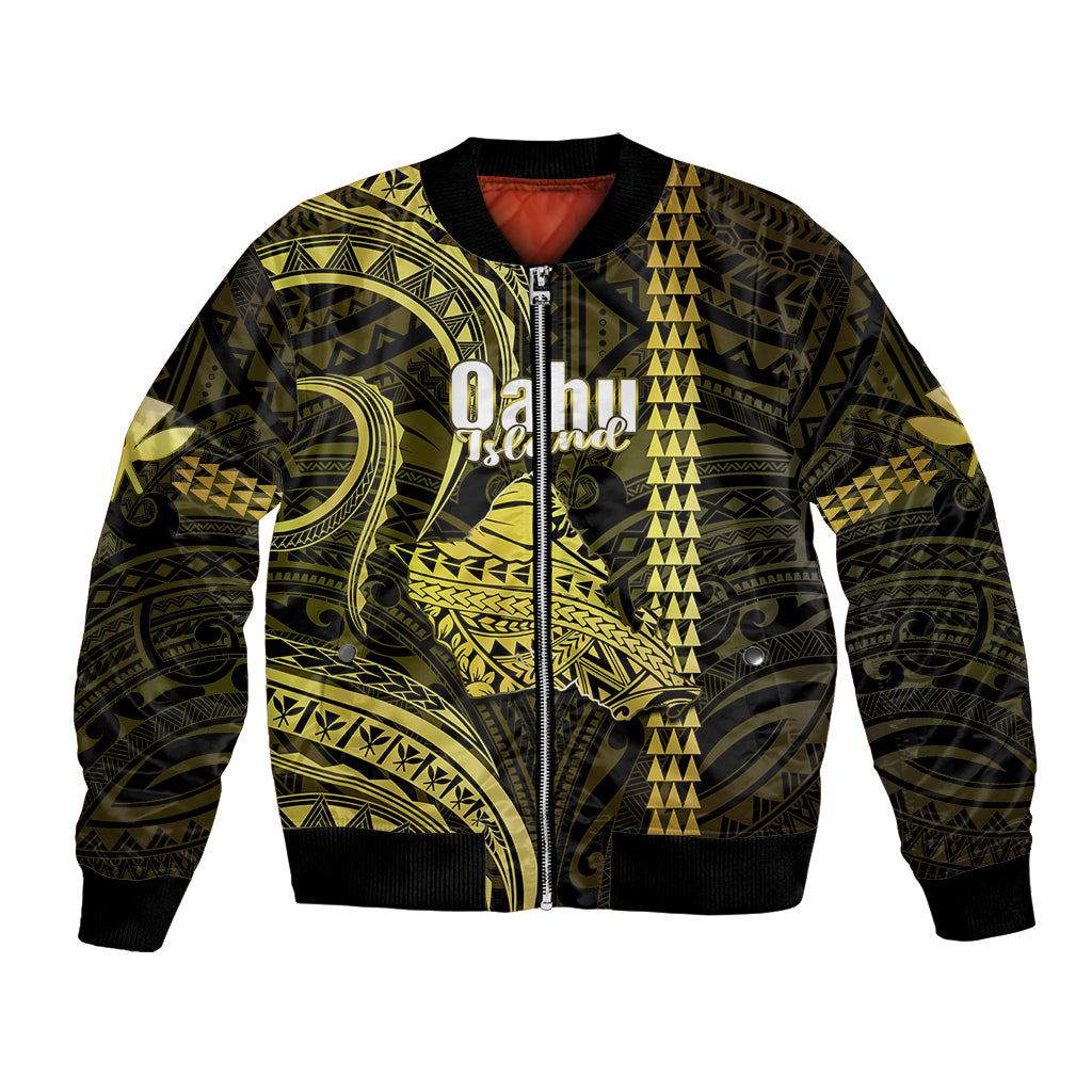 Personalised Hawaiian Islands Bomber Jacket Oahu Map Yellow Kanaka With Kakau LT14 Unisex Yellow - Polynesian Pride