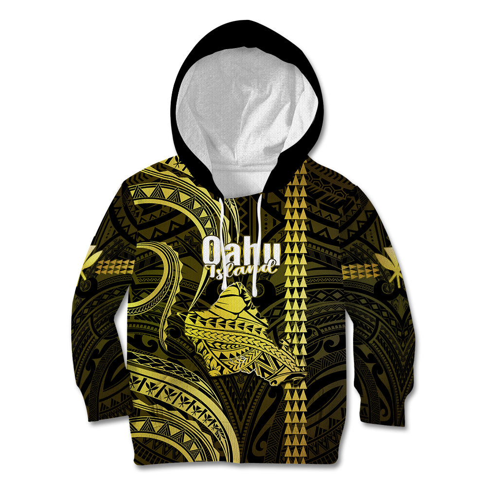 Personalised Hawaiian Islands Kid Hoodie Oahu Map Yellow Kanaka With Kakau LT14 Hoodie Yellow - Polynesian Pride