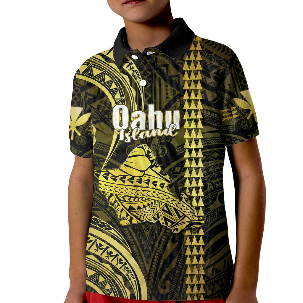 Personalised Hawaiian Islands Kid Polo Shirt Oahu Map Yellow Kanaka With Kakau LT14 Kid Yellow - Polynesian Pride