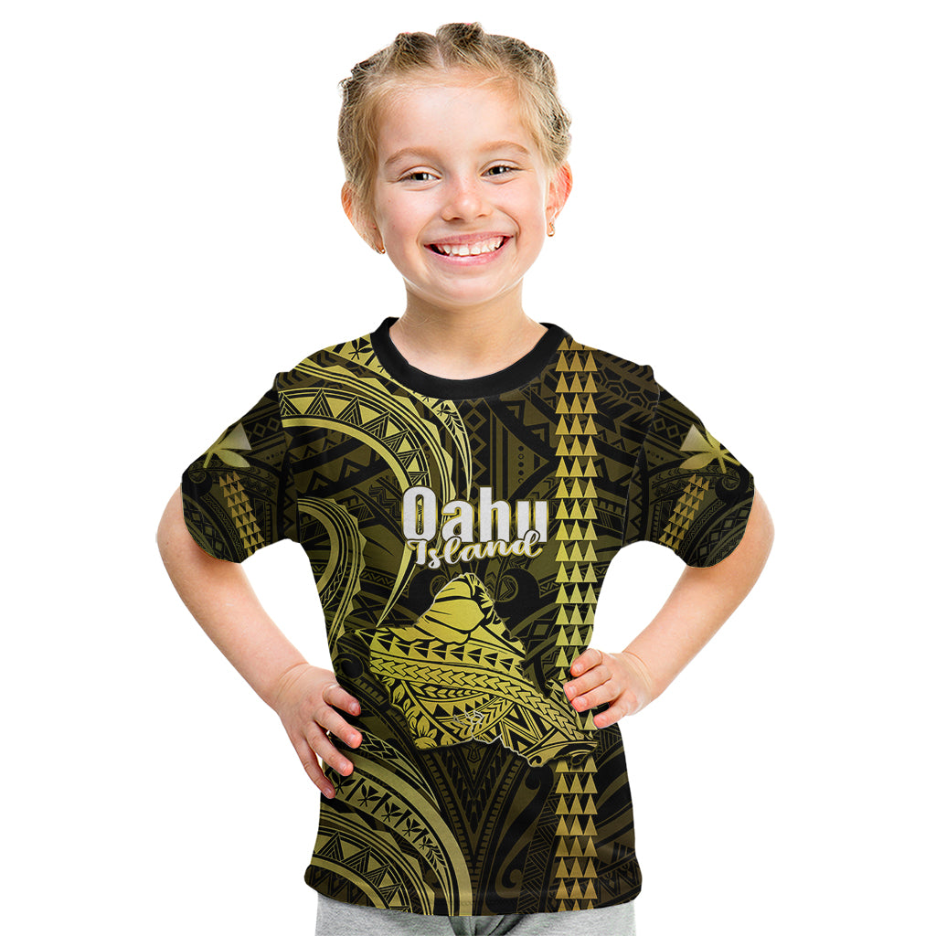 Personalised Hawaiian Islands Kid T Shirt Oahu Map Yellow Kanaka With Kakau LT14 Yellow - Polynesian Pride