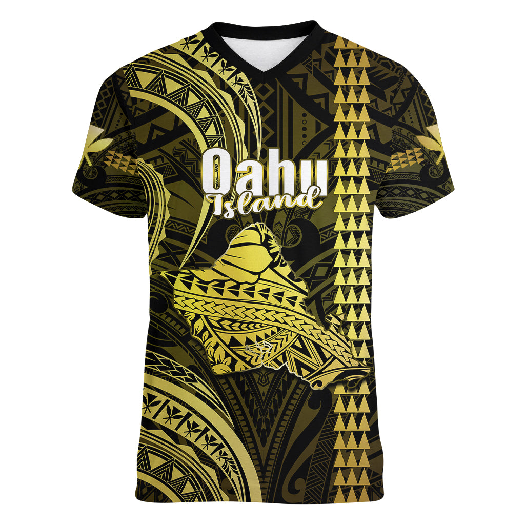 Personalised Hawaiian Islands Women V Neck T Shirt Oahu Map Yellow Kanaka With Kakau LT14 Female Yellow - Polynesian Pride