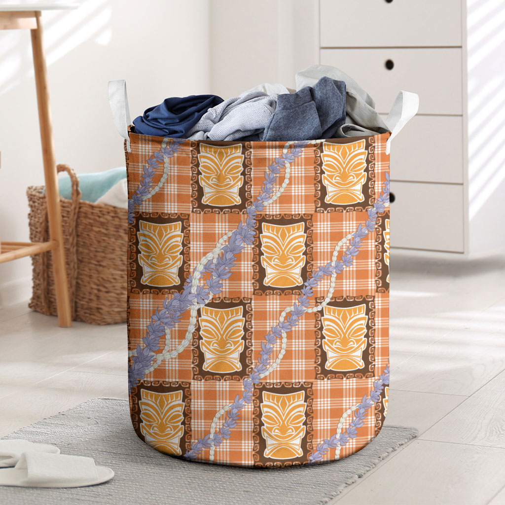 Aloha Hawaii Tiki Palaka Motifs Laundry Basket Honohono Lei Orange Elegant Vibes