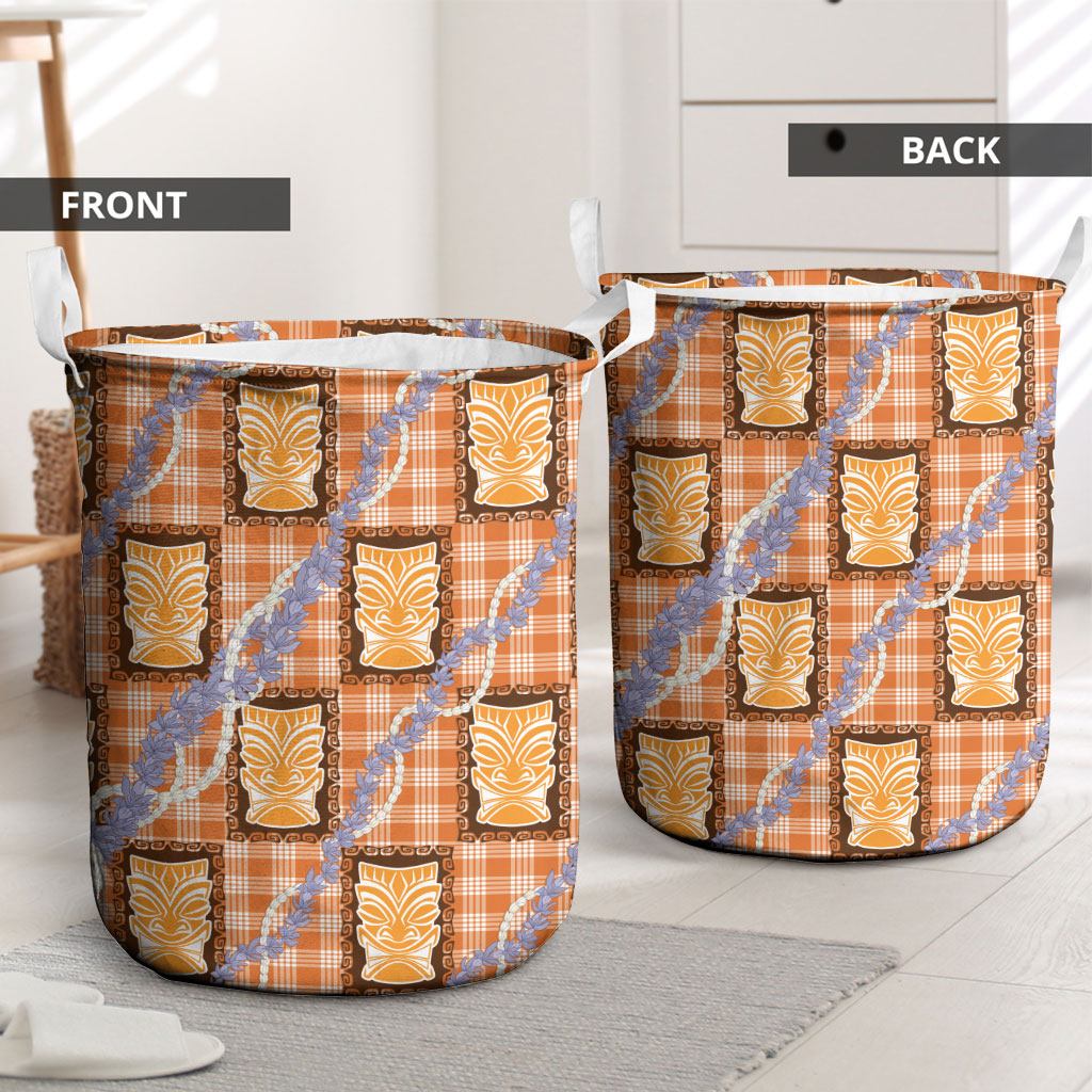 Aloha Hawaii Tiki Palaka Motifs Laundry Basket Honohono Lei Orange Elegant Vibes