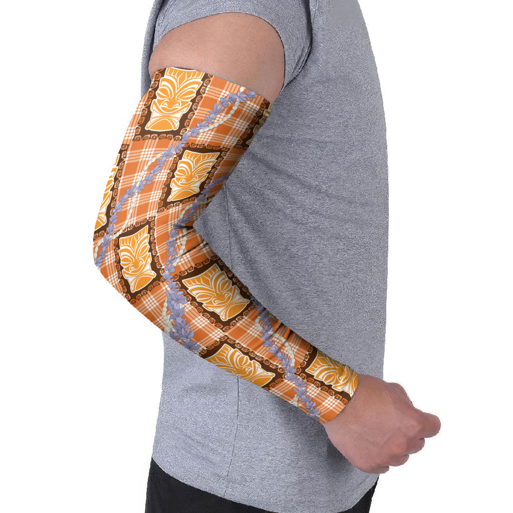 Aloha Hawaii Tiki Palaka Motifs Arm Sleeves Honohono Lei Orange Elegant Vibes LT14 - Polynesian Pride