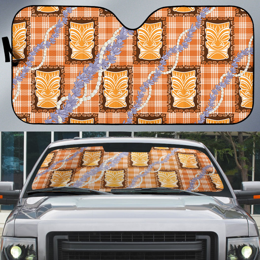 Aloha Hawaii Tiki Palaka Motifs Auto Sun Shade Honohono Lei Orange Elegant Vibes LT14 Orange - Polynesian Pride