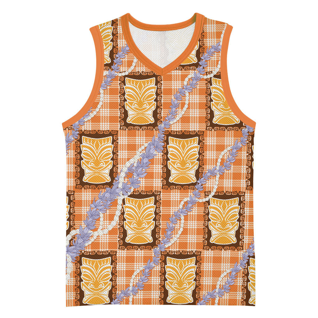 Aloha Hawaii Tiki Palaka Motifs Basketball Jersey Honohono Lei Orange Elegant Vibes
