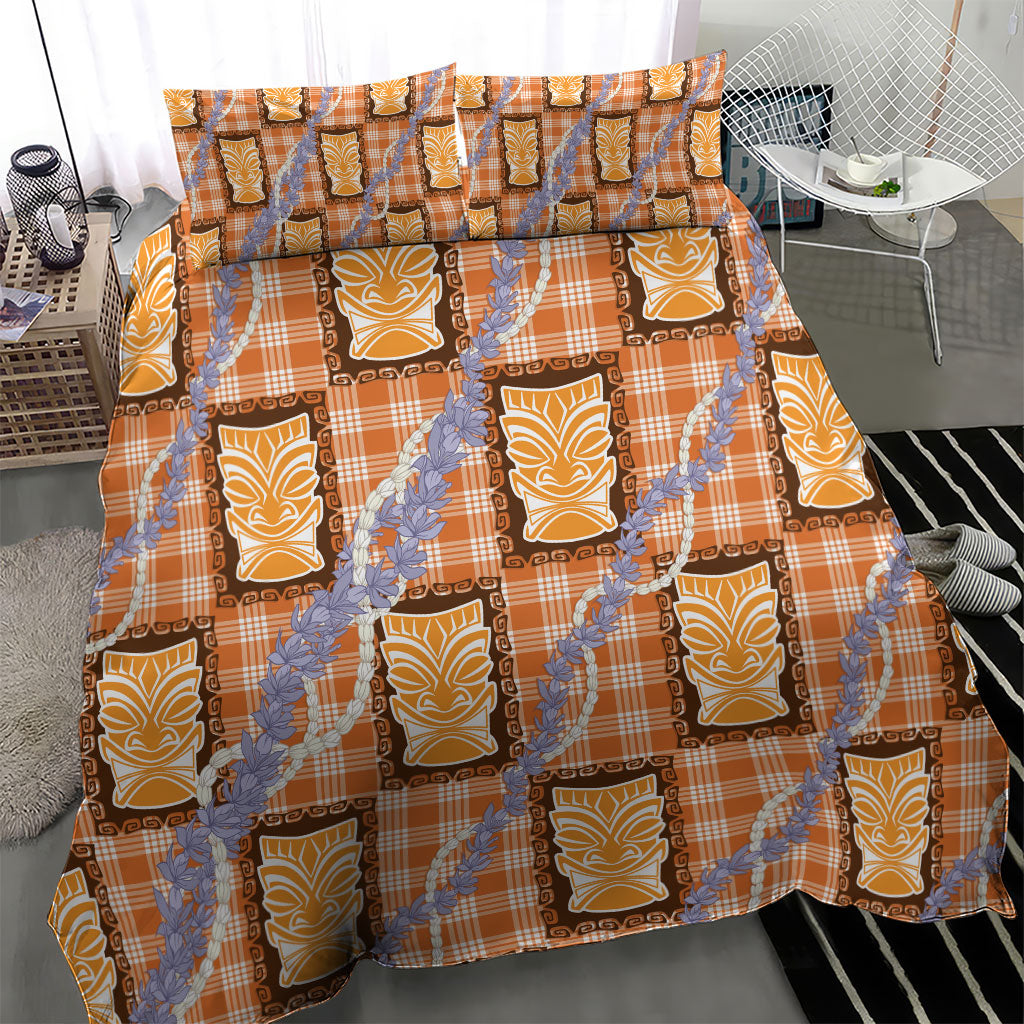 Aloha Hawaii Tiki Palaka Motifs Bedding Set Honohono Lei Orange Elegant Vibes