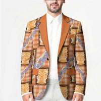Aloha Hawaii Tiki Palaka Motifs Blazer Honohono Lei Orange Elegant Vibes