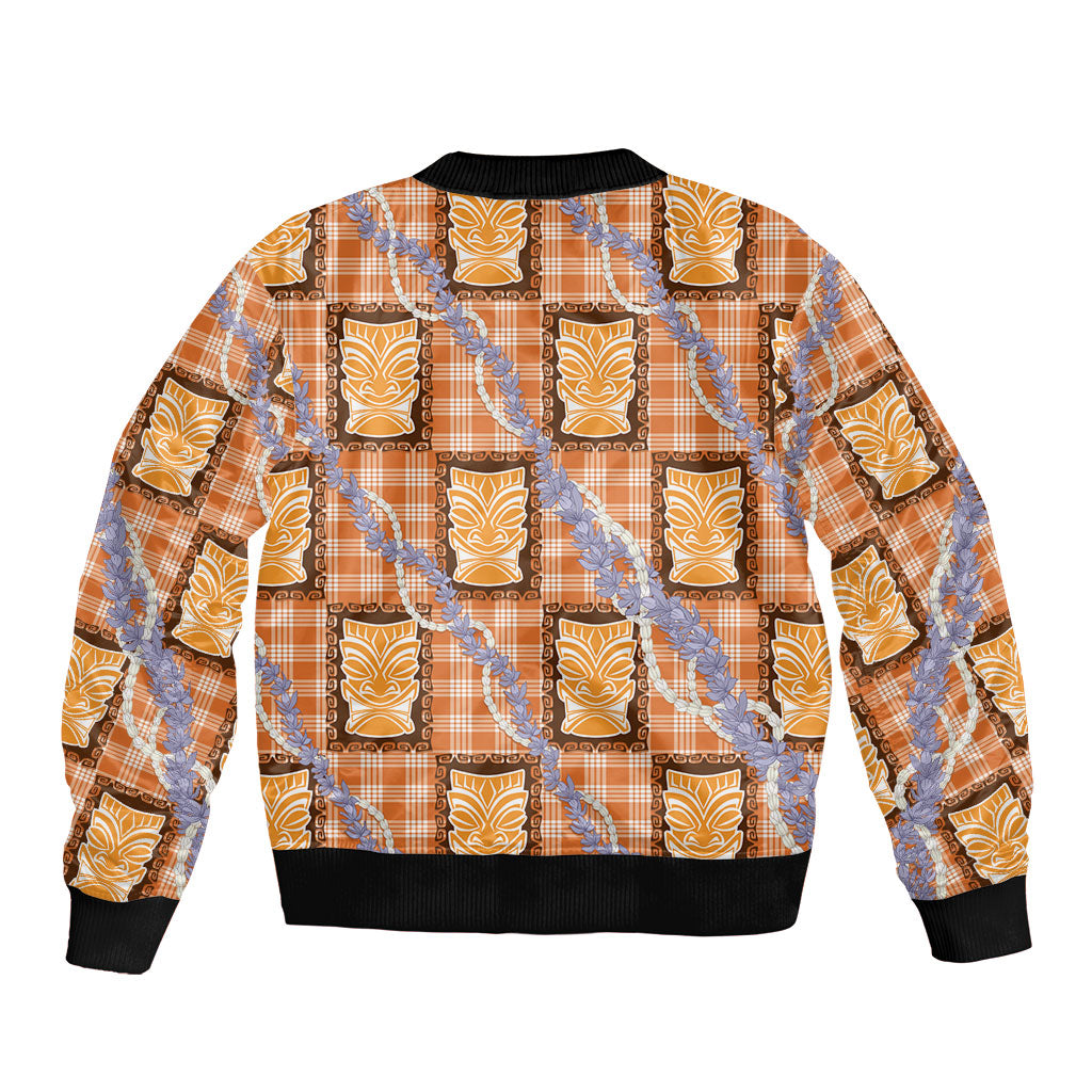 Aloha Hawaii Tiki Palaka Motifs Bomber Jacket Honohono Lei Orange Elegant Vibes