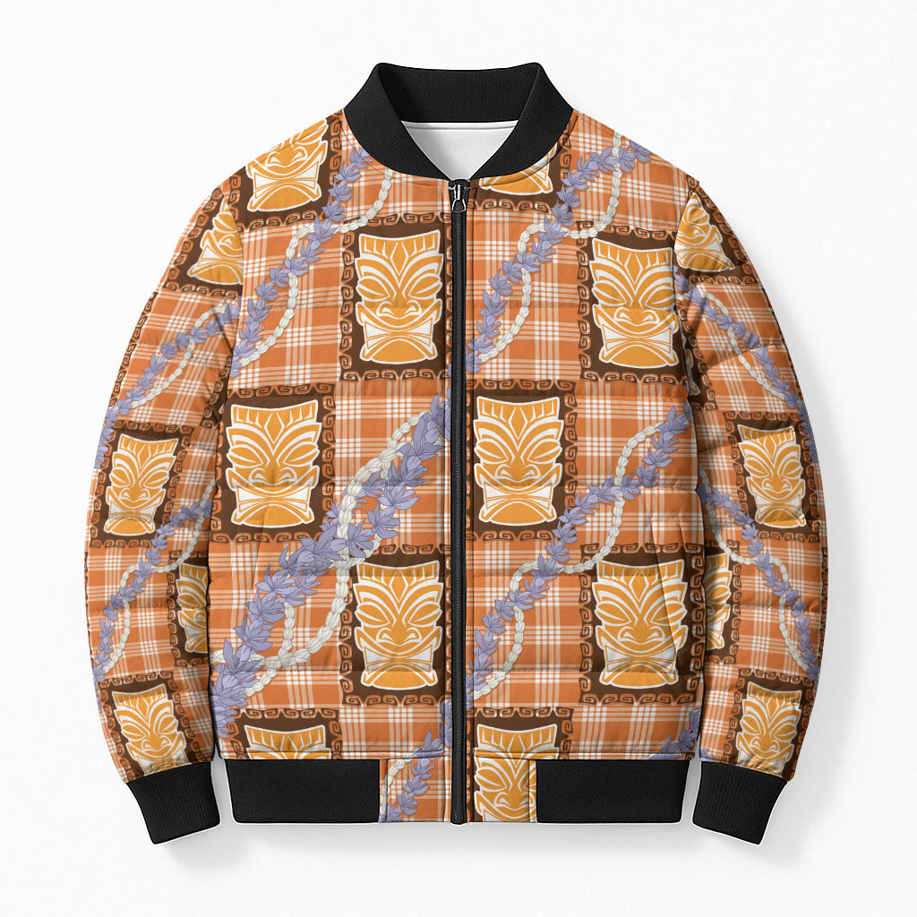 Aloha Hawaii Tiki Palaka Motifs Bomber Puffer Jacket Honohono Lei Orange Elegant Vibes LT14 Unisex Orange - Polynesian Pride