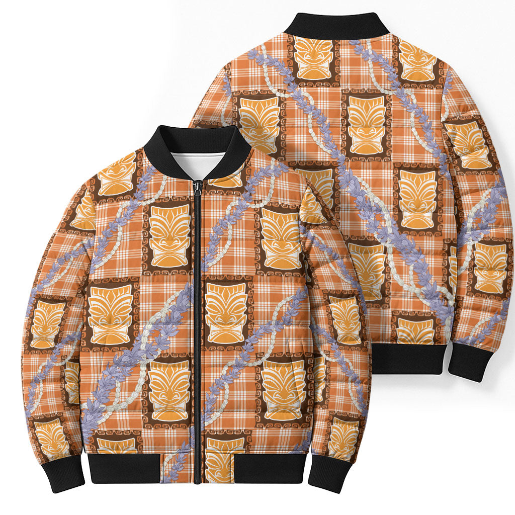 Aloha Hawaii Tiki Palaka Motifs Bomber Puffer Jacket Honohono Lei Orange Elegant Vibes LT14 - Polynesian Pride
