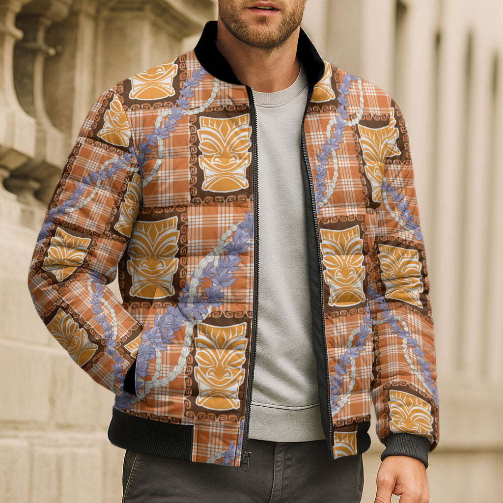 Aloha Hawaii Tiki Palaka Motifs Bomber Puffer Jacket Honohono Lei Orange Elegant Vibes LT14 - Polynesian Pride