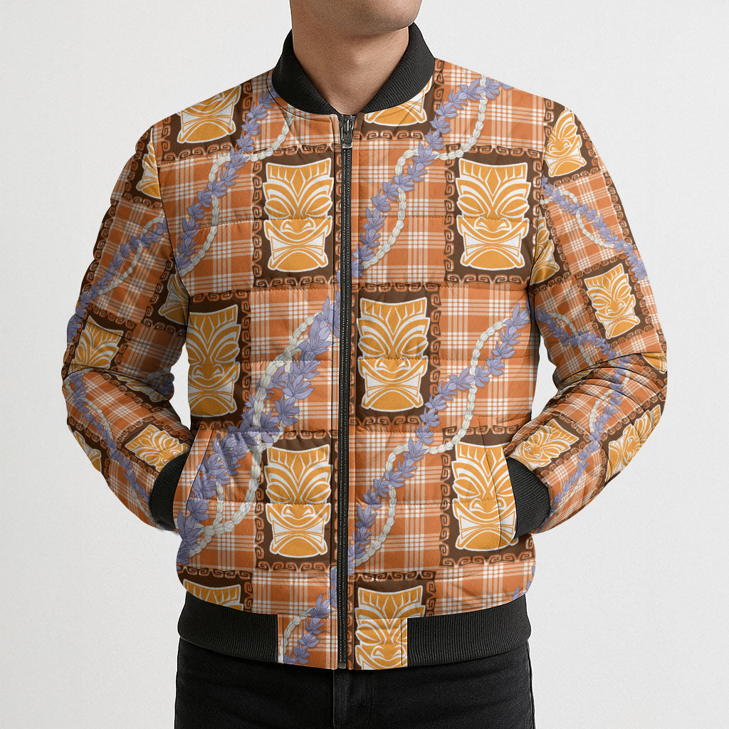 Aloha Hawaii Tiki Palaka Motifs Bomber Puffer Jacket Honohono Lei Orange Elegant Vibes LT14 - Polynesian Pride