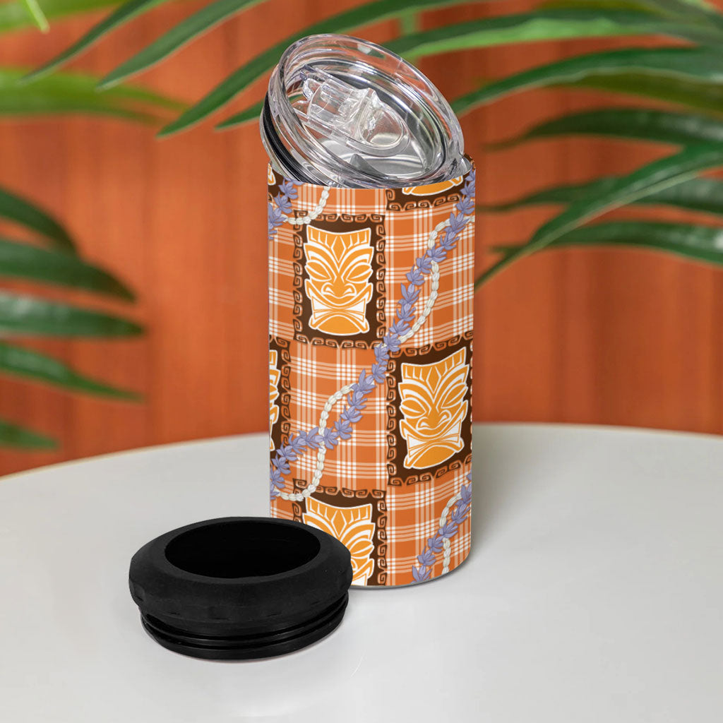 Aloha Hawaii Tiki Palaka Motifs 4 in 1 Can Cooler Tumbler Honohono Lei Orange Elegant Vibes