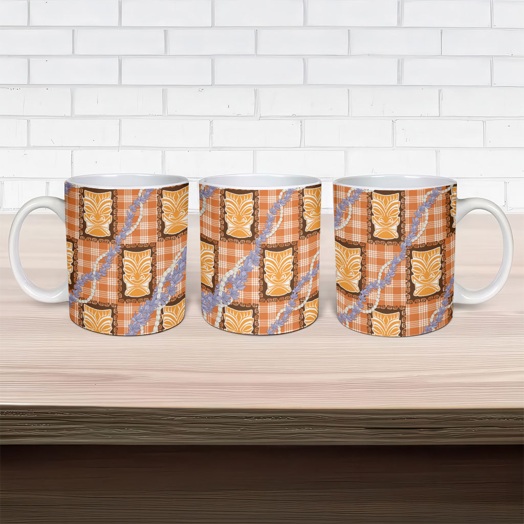 Aloha Hawaii Tiki Palaka Motifs Ceramic Mug Honohono Lei Orange Elegant Vibes