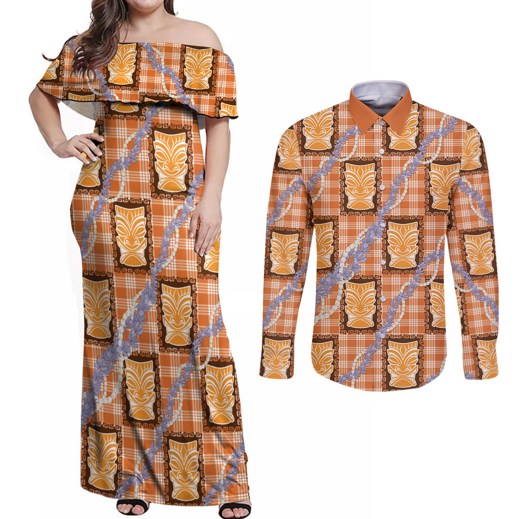 Aloha Hawaii Tiki Palaka Motifs Couples Matching Off Shoulder Maxi Dress and Long Sleeve Button Shirt Honohono Lei Orange Elegant Vibes