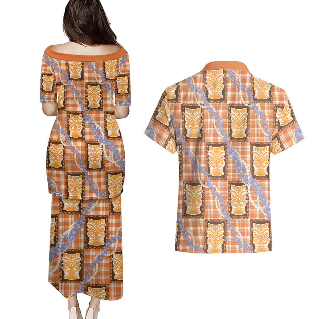 Aloha Hawaii Tiki Palaka Motifs Couples Matching Puletasi and Hawaiian Shirt Honohono Lei Orange Elegant Vibes LT14 - Polynesian Pride