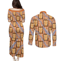 Aloha Hawaii Tiki Palaka Motifs Couples Matching Puletasi and Long Sleeve Button Shirt Honohono Lei Orange Elegant Vibes