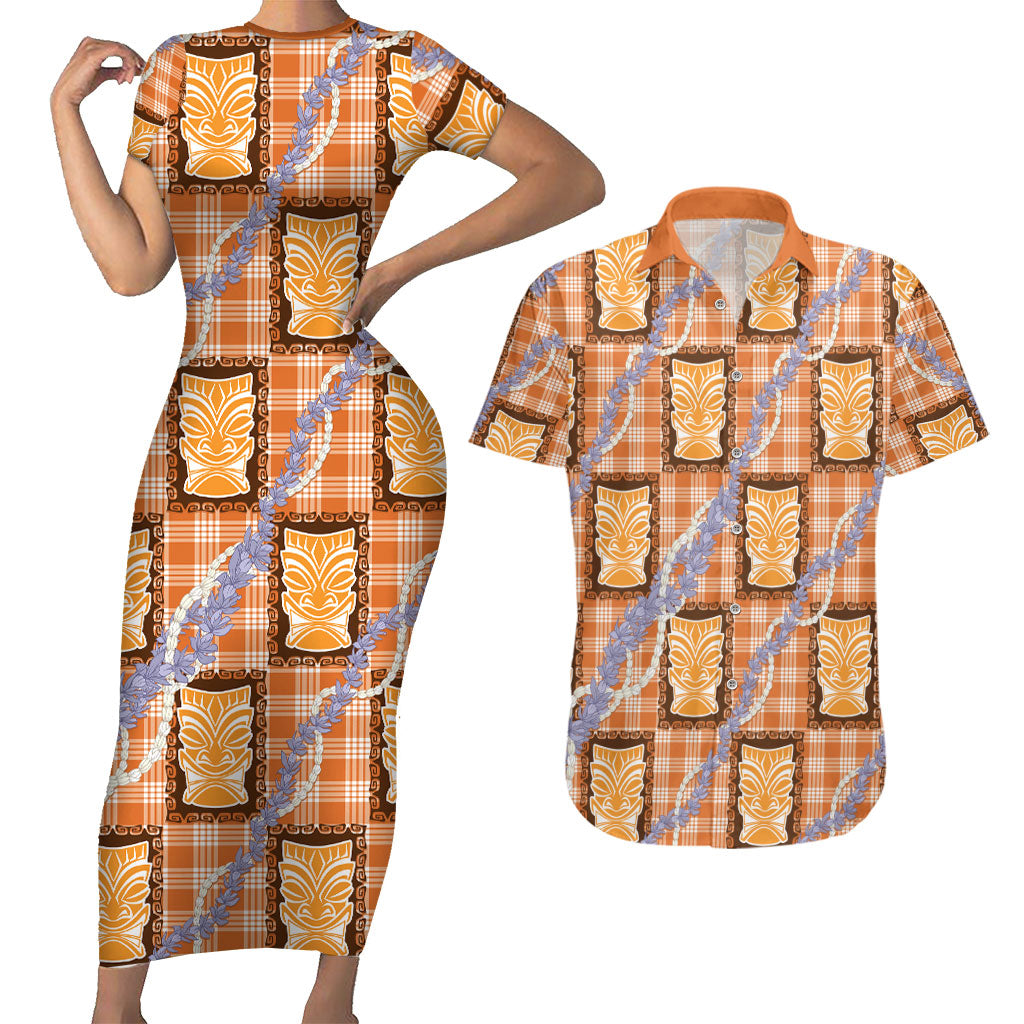 Aloha Hawaii Tiki Palaka Motifs Couples Matching Short Sleeve Bodycon Dress and Hawaiian Shirt Honohono Lei Orange Elegant Vibes LT14 Orange - Polynesian Pride