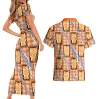 Aloha Hawaii Tiki Palaka Motifs Couples Matching Short Sleeve Bodycon Dress and Hawaiian Shirt Honohono Lei Orange Elegant Vibes LT14 - Polynesian Pride