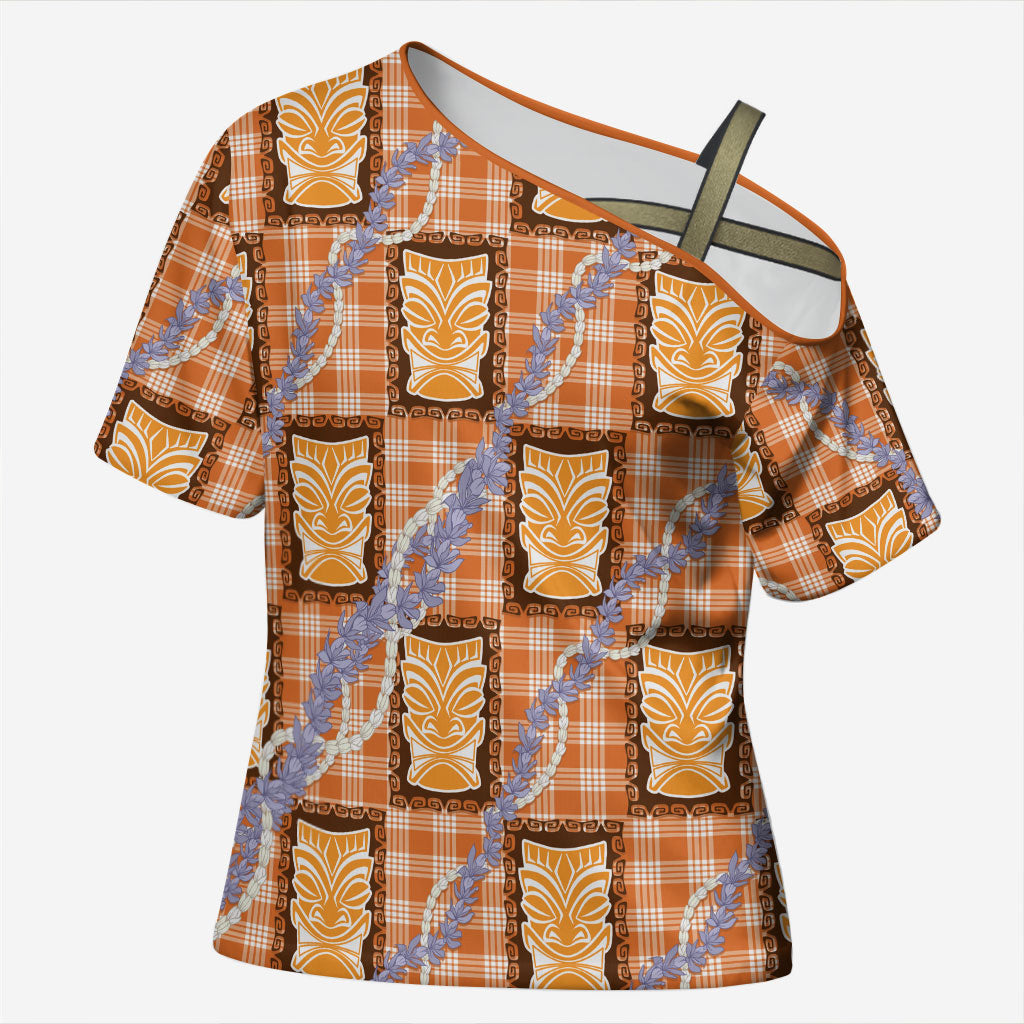 Aloha Hawaii Tiki Palaka Motifs Cross Shoulder Shirt Honohono Lei Orange Elegant Vibes LT14 Female Orange - Polynesian Pride