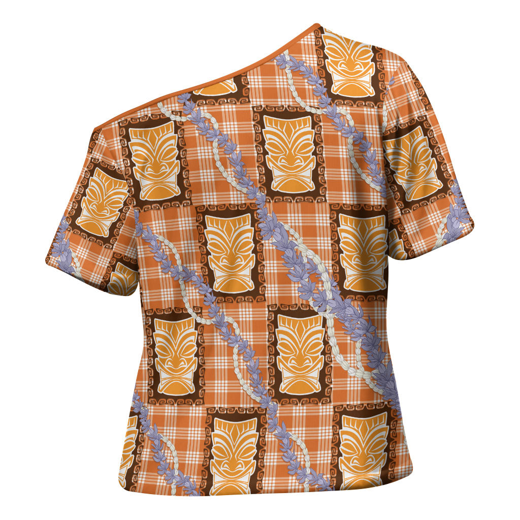 Aloha Hawaii Tiki Palaka Motifs Cross Shoulder Shirt Honohono Lei Orange Elegant Vibes LT14 - Polynesian Pride