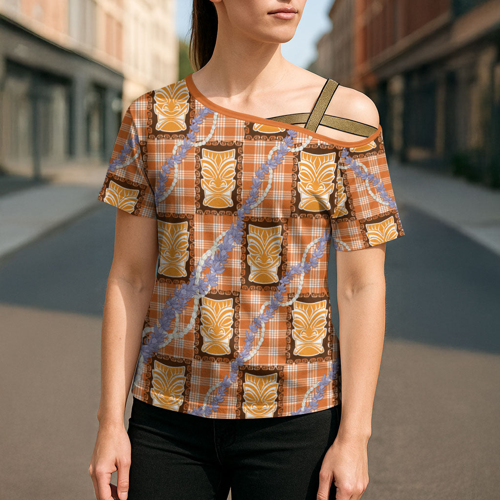 Aloha Hawaii Tiki Palaka Motifs Cross Shoulder Shirt Honohono Lei Orange Elegant Vibes LT14 - Polynesian Pride