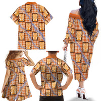 Aloha Hawaii Tiki Palaka Motifs Family Matching Off The Shoulder Long Sleeve Dress and Hawaiian Shirt Honohono Lei Orange Elegant Vibes LT14 - Polynesian Pride