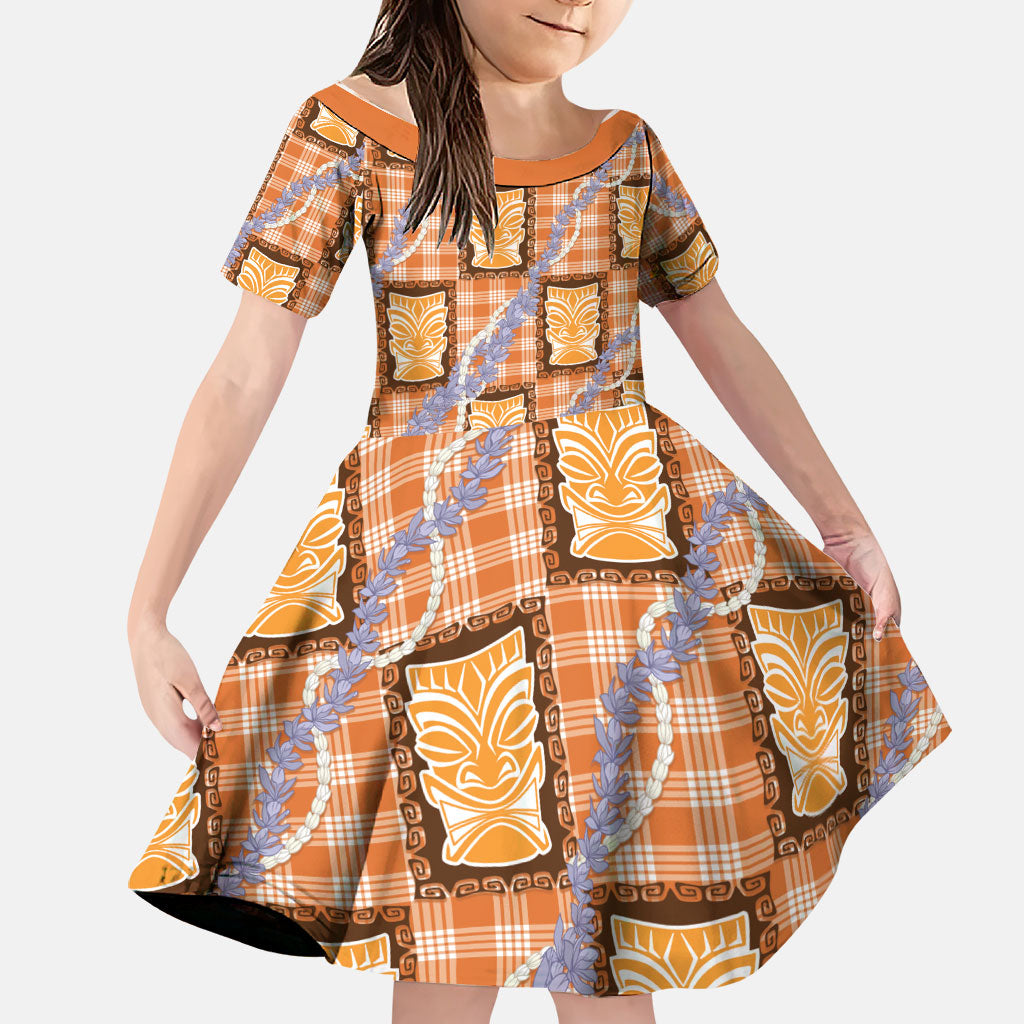 Aloha Hawaii Tiki Palaka Motifs Family Matching Summer Maxi Dress and Hawaiian Shirt Honohono Lei Orange Elegant Vibes LT14 Daughter's Dress Orange - Polynesian Pride