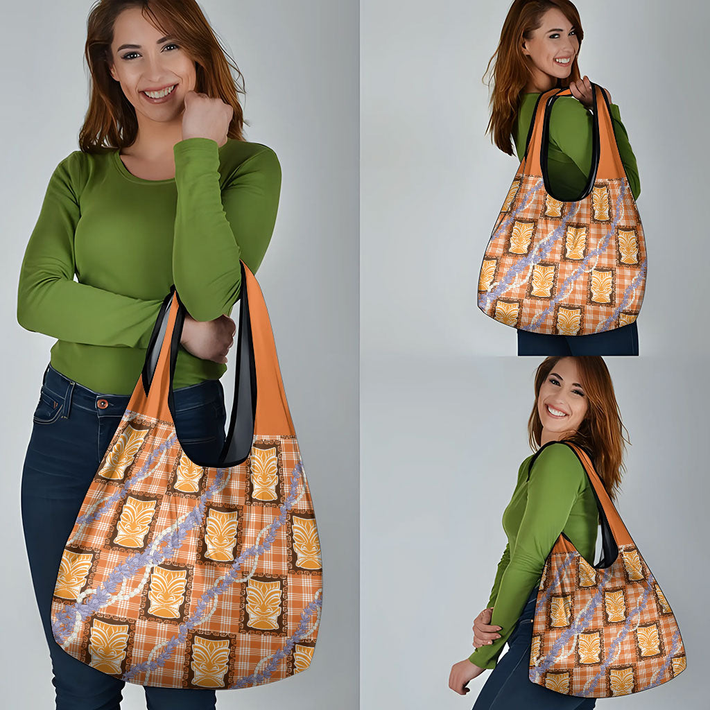 Aloha Hawaii Tiki Palaka Motifs Grocery Bag Honohono Lei Orange Elegant Vibes LT14 - Polynesian Pride
