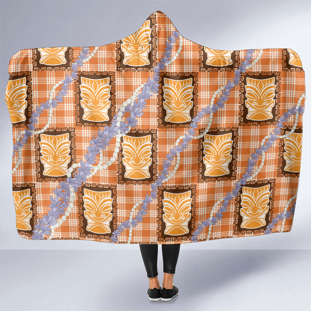 Aloha Hawaii Tiki Palaka Motifs Hooded Blanket Honohono Lei Orange Elegant Vibes LT14 One Size Orange - Polynesian Pride