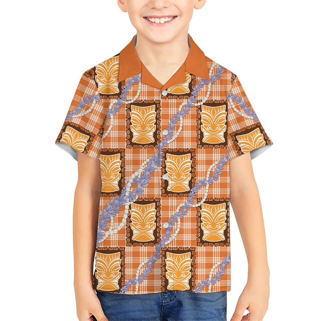 Aloha Hawaii Tiki Palaka Motifs Kid Hawaiian Shirt Honohono Lei Orange Elegant Vibes