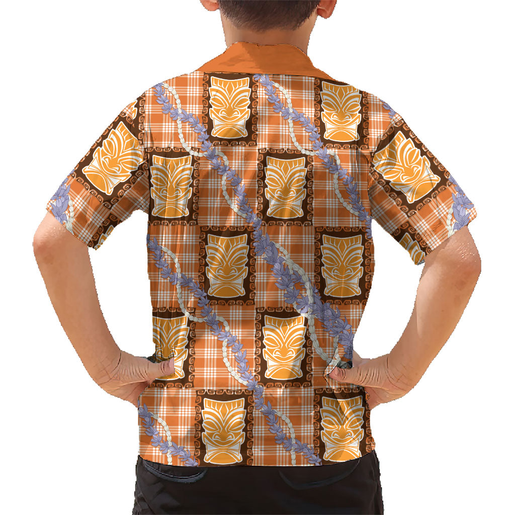 Aloha Hawaii Tiki Palaka Motifs Kid Hawaiian Shirt Honohono Lei Orange Elegant Vibes
