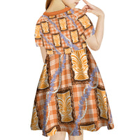 Aloha Hawaii Tiki Palaka Motifs Kid Short Sleeve Dress Honohono Lei Orange Elegant Vibes