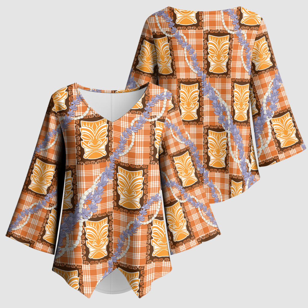 Aloha Hawaii Tiki Palaka Motifs Kimono Sleeve Blouse Honohono Lei Orange Elegant Vibes LT14 - Polynesian Pride
