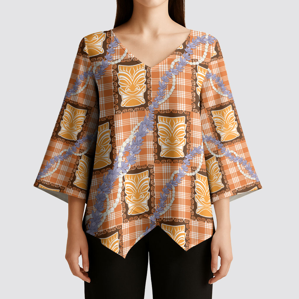 Aloha Hawaii Tiki Palaka Motifs Kimono Sleeve Blouse Honohono Lei Orange Elegant Vibes LT14 - Polynesian Pride