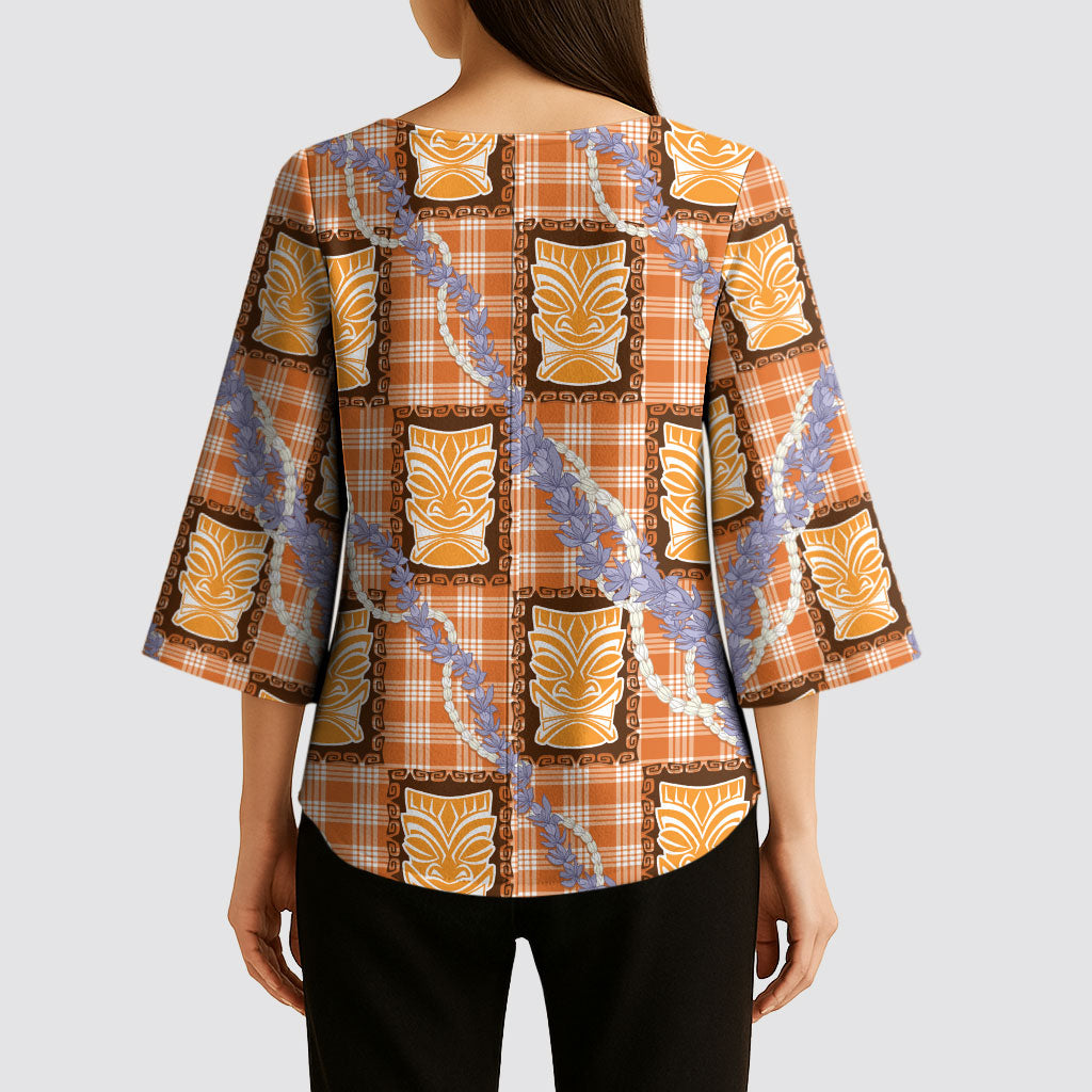 Aloha Hawaii Tiki Palaka Motifs Kimono Sleeve Blouse Honohono Lei Orange Elegant Vibes LT14 - Polynesian Pride