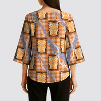 Aloha Hawaii Tiki Palaka Motifs Kimono Sleeve Blouse Honohono Lei Orange Elegant Vibes LT14 - Polynesian Pride